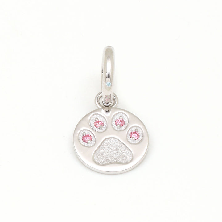 DIVETIA Paw Promise charm with lab-grown pink diamond in rhodium-finished sterling silver, front view