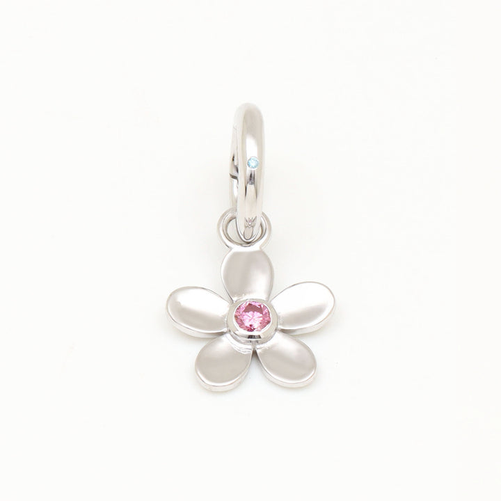 DIVETIA Daisy Day charm with lab-grown pink diamond in rhodium-finished sterling silver, front view