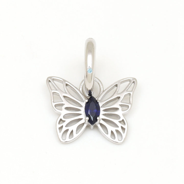 DIVETIA Flutter charm with lab-grown sapphire in rhodium-finished sterling silver, front view